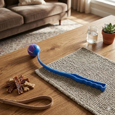 Lanceur de balle pour chiens bleu intérieur table bois