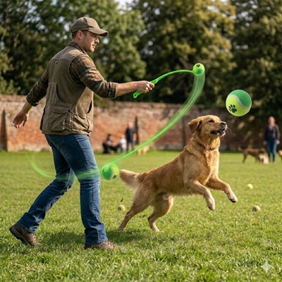 Lanceur de balle pour chiens golden retriever homme parc vert