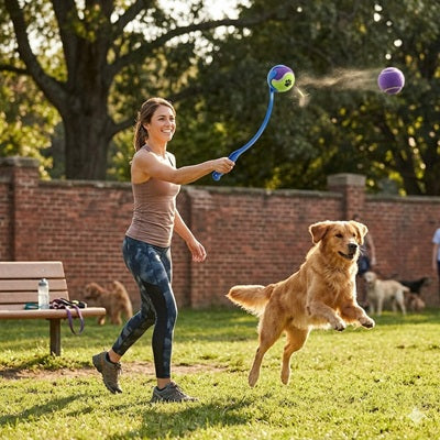 Lanceur de balle pour chiens golden retriever parc femme