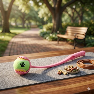 Lanceur de balle pour chiens rose banc parc friandises