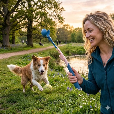 Lanceurs de balle pour chien border collie femme rivière coucher soleil