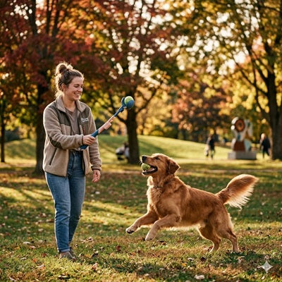 Lanceurs de balle pour chien femme golden retriever parc automne