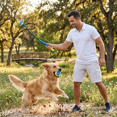 lanceurs de balles pour chien golden retriever forêt homme jeu