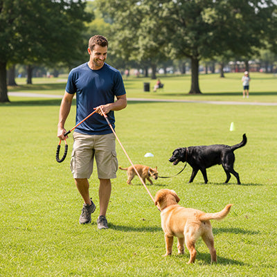 longe chien double promenade parc homme deux chiens labradors