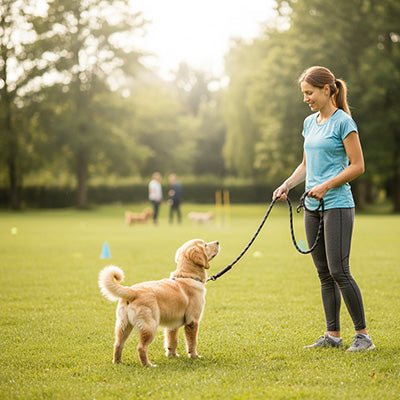 longe chien dressage golden retriever education parc femme entrainement