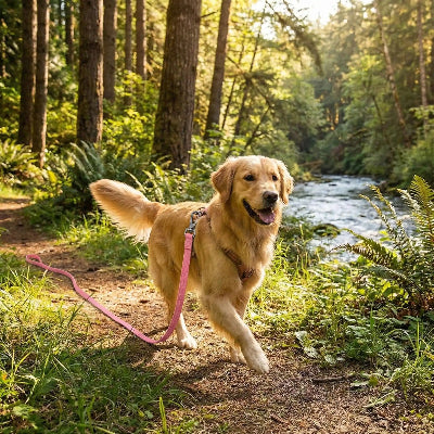 longe chien foret randonnee nature golden retriever riviere