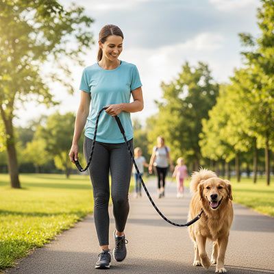 longe chien noire jogging golden retriever femme sport parc