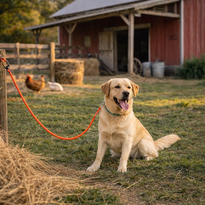 longe chien rouge labrador ferme campagne poules grange exterieur rural