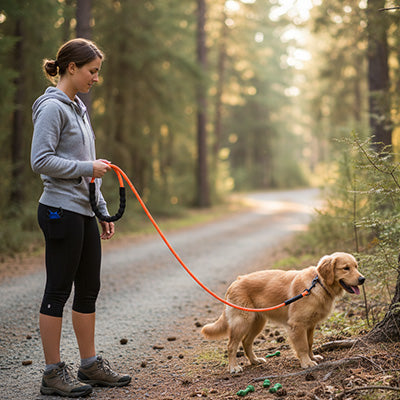 longe chien rouge promenade foret femme golden retriever sentier