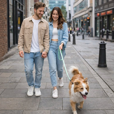 longe chien verte couple promenade-corgi ville urbain rue lifestyle
