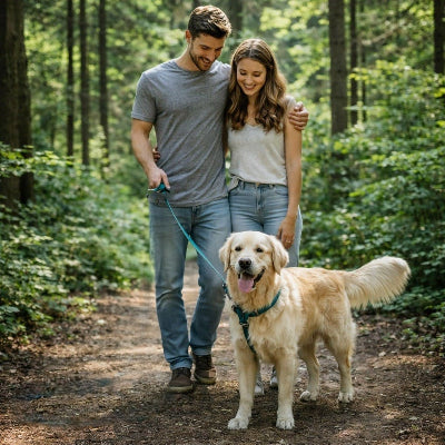 longe pour chien foret randonnee famille golden retriever nature aventure detente