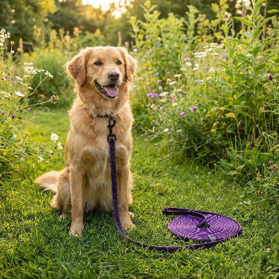 longe pour chien golden retriever jardin fleurs ete repos violet nature paisible