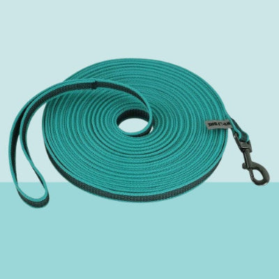 longe-pour-chien-turquoise-enroulee-mousqueton-resistant-longue-qualite-durable-premium