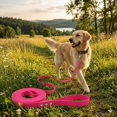 longes chien pvc rose golden retriever campagne nature lac montagne