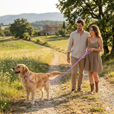 longes chien pvc violet golden retriever campagne couple balade romantique