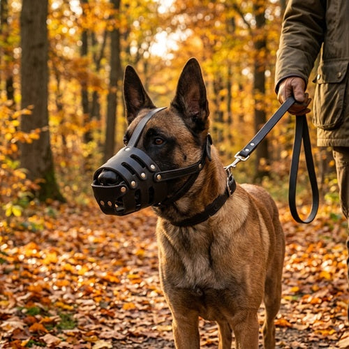 malinois muselière cuir noir balade laisse forêt automnale