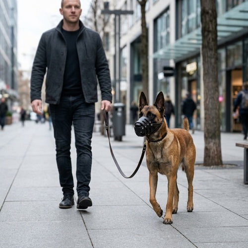 malinois muselière cuir noir balade urbaine laisse avec maître