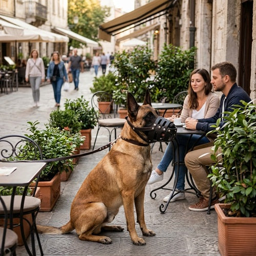 malinois muselière cuir noir chien assis terrasse café