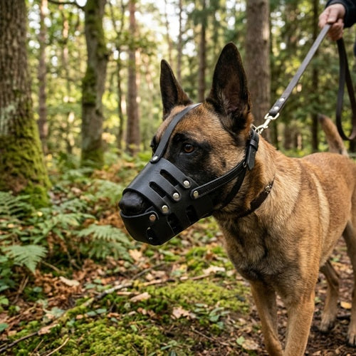 malinois muselière cuir noir gros plan forêt fougères
