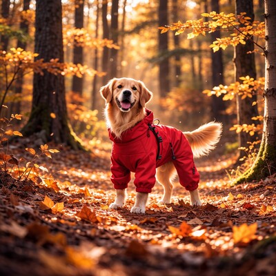 manteau chien action rouge automne foret exterieur impermeable protection confort aventure