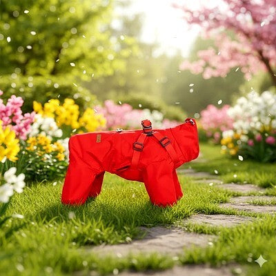 manteau chien action rouge printemps jardin impermeable harnais protection pluie confort