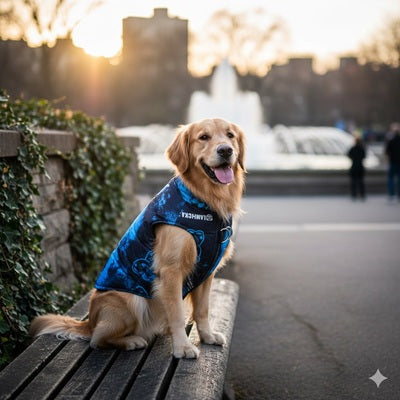manteau chien bleu golden retriever parc urbain lamhcra coucher soleil