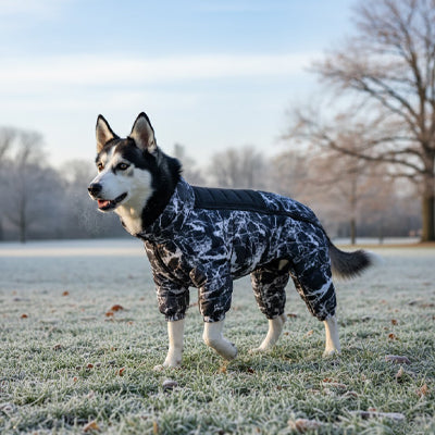 manteau chien collier noir marbre hiver husky parc gel matin