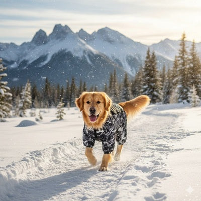 manteau chien collier noir marbre neige montagne golden retriever hiver