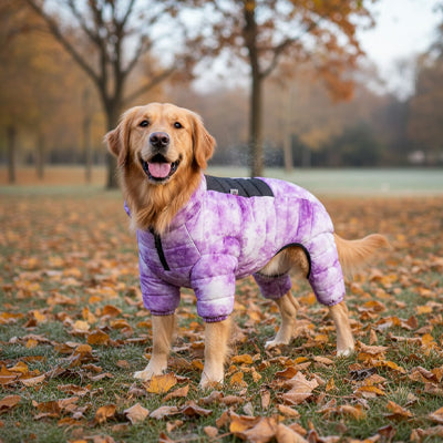 manteau chien collier violet aquarelle automne parc golden retriever matelasse