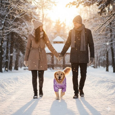 manteau chien collier violet hiver famille neige golden retriever promenade