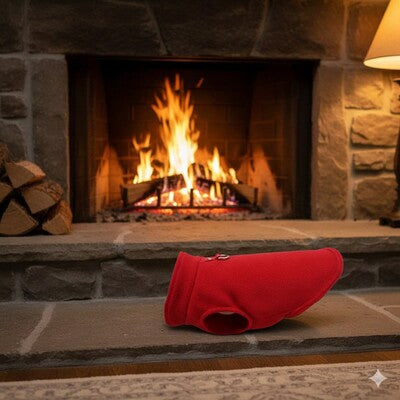 manteau chien hiver rouge foyer cheminee polaire chaud interieur confortable chaleur premium