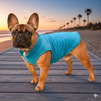 manteau chien hiver turquoise bouledogue francais plage polaire chaud exterieur confortable premium