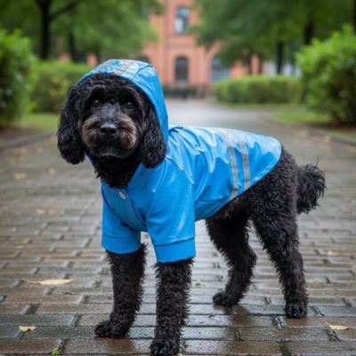 manteau chien impermeable bleu caniche noir pluie capuche reflechissant ville