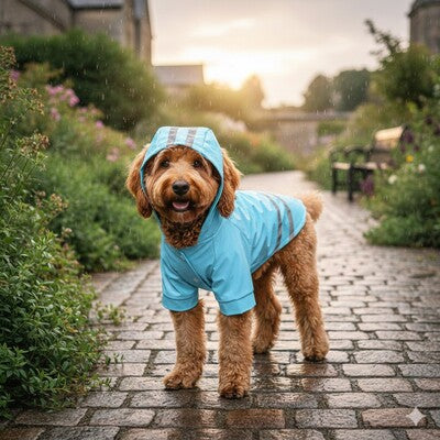 manteau chien impermeable bleu labradoodle pluie promenade reflechissant capuche