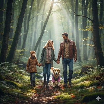 manteau chien impermeable famille promenade foret automne golden retriever lifestyle nature