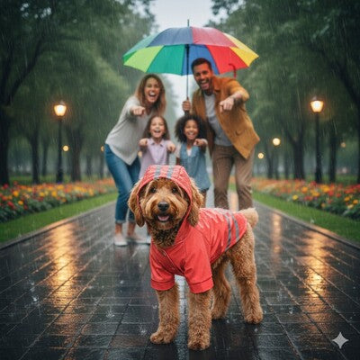 manteau chien impermeable rouge famille parc pluie labradoodle capuche reflechissant