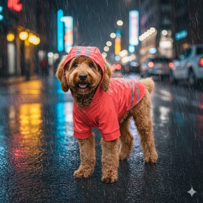 manteau chien impermeable rouge labradoodle pluie ville nuit reflechissant capuche