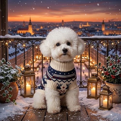 Manteau chien laine bleu marine bichon blanc balcon enneigé lanternes