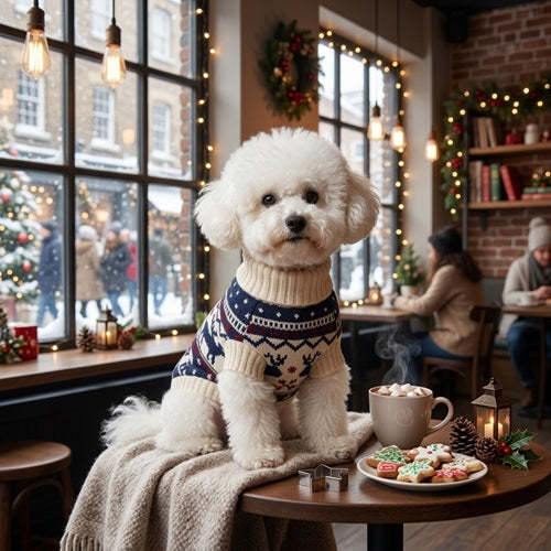 Manteau chien laine bleu marine bichon blanc café Noël