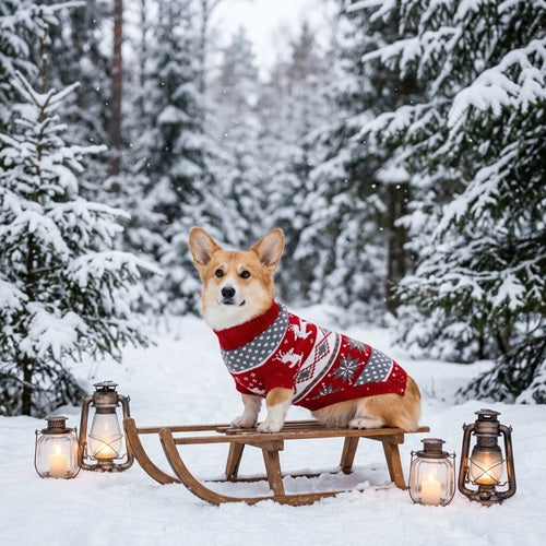 Manteau chien laine rouge corgi traîneau forêt enneigée