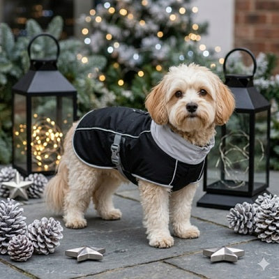 manteau chien pluie petit chien noir noël lanterne extérieur hiver