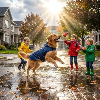 manteau de pluie chien bleu enfants jeu flaque eau quartier automne