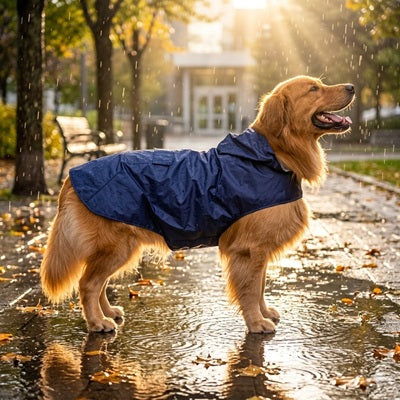 manteau de pluie chien bleu marine automne soleil pluie golden retriever parc