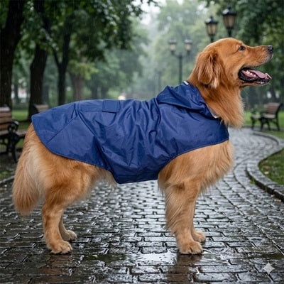 manteau de pluie chien bleu marine pave parc lampadaire golden retriever