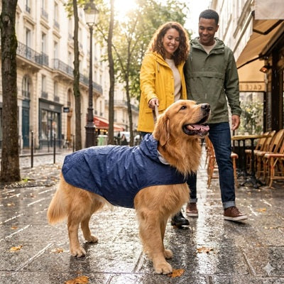 manteau de pluie chien bleu marine promenade ville pluie couple golden