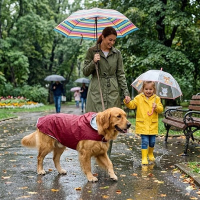 manteau de pluie chien bordeaux famille enfant parc pluie golden retriever