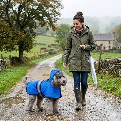 Manteau de pluie pour chien bleu campagne promenade caniche femme