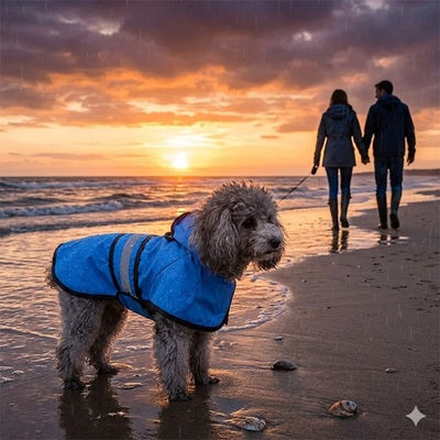 Manteau de pluie pour chien bleu plage coucher de soleil couple promenade