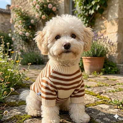 Manteau en laine pour chien à tricoter bichon portrait jardin provençal
