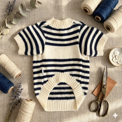 Manteau en laine pour chien à tricoter marinière flatlay pelotes
